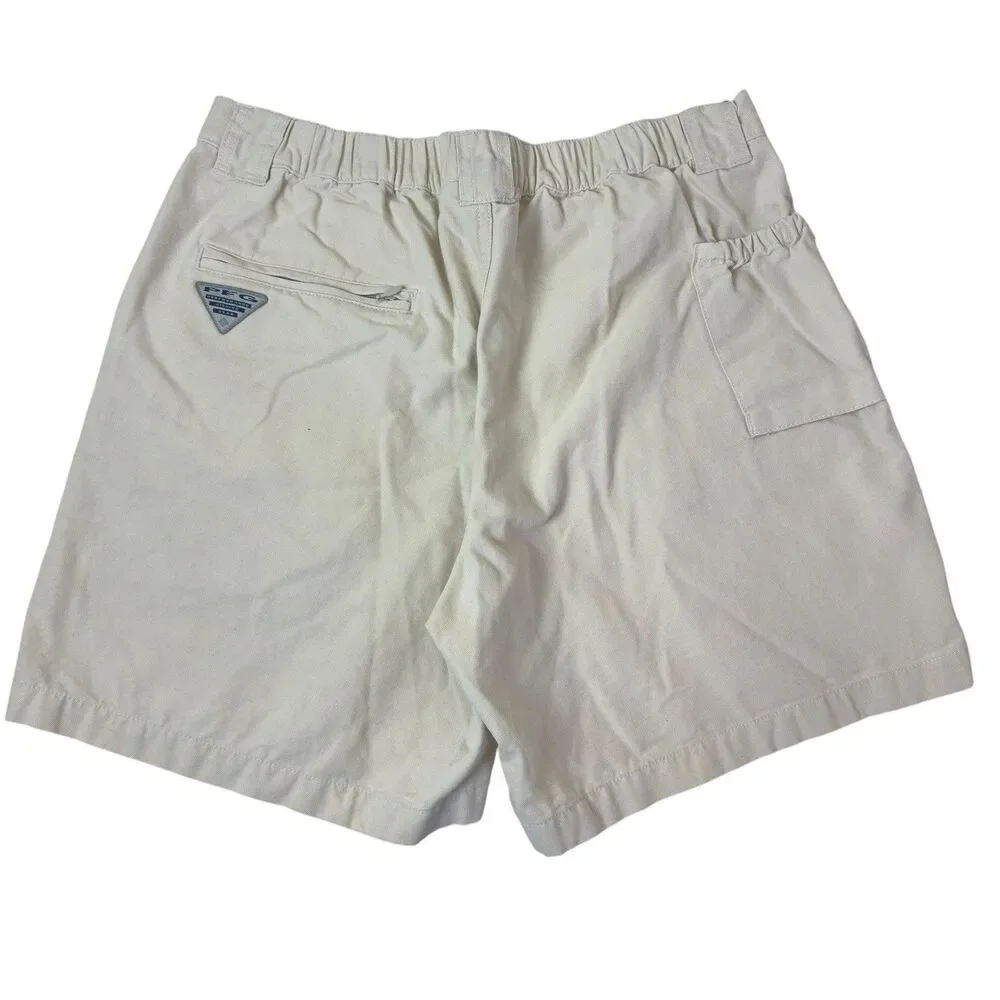 Vintage Columbia PFG Cargo Shorts Mens Medium Beige Cotton Fishing Elastic